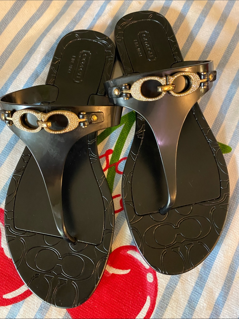 Coach Black Jelly T-Strap Sandals with Gold Hardware